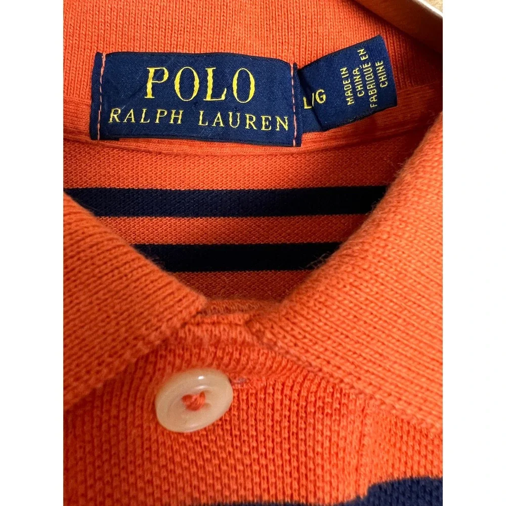 Polo Ralph Lauren Polo Shirt Mens Large Orange Striped Short Sleeve Cotton E19